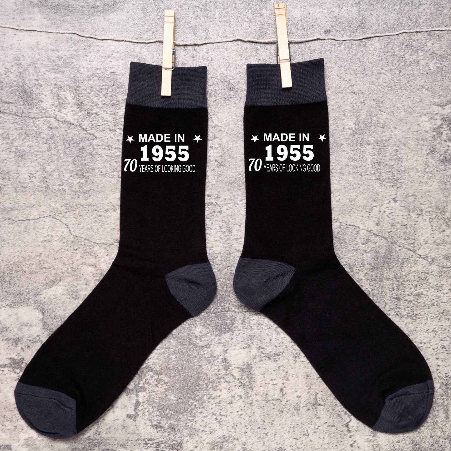 70th Birthday Born in 1955 Mens Novelty Socks Black 70 Year Old Gift