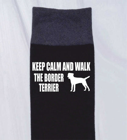 Keep Calm & Walk Border Terrier Men's Novelty Socks Black Dog Lovers Gift