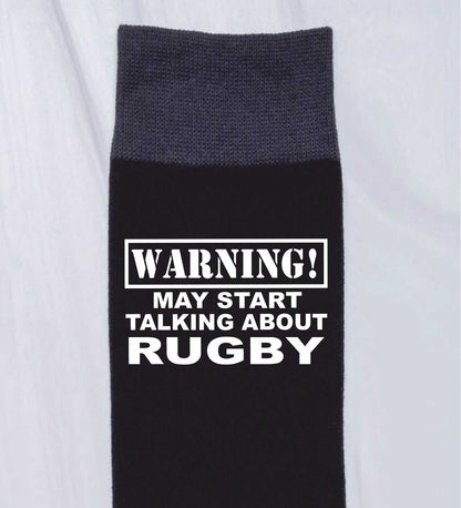 Warning May Talk About Rugby Men's Black Novelty Socks Birthday Gift