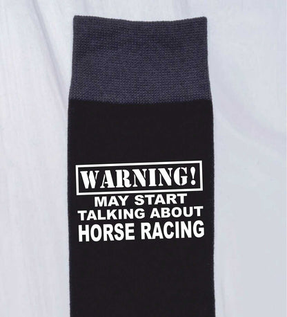 Warning May Talk About Horse Racing Men's Black Novelty Socks Birthday Gift