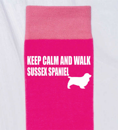 Keep Calm & Walk Sussex Spaniel Ladies Novelty Socks Pink Dog Lovers Gift