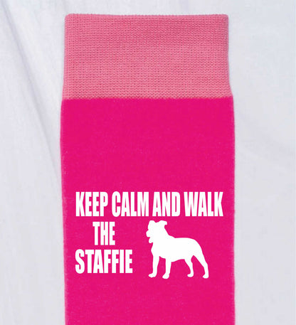 Keep Calm & Walk The Staffie Ladies Novelty Socks Pink Dog Lovers Gift