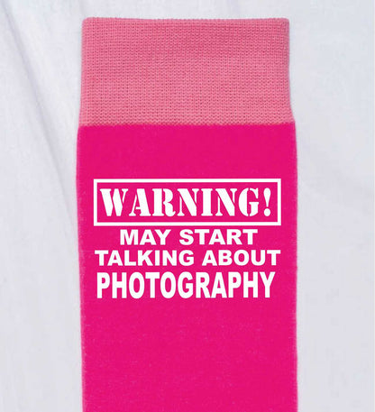 Warning May Talk About Photography Ladies Pink Novelty Socks Birthday Gift