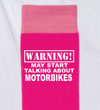 Warning May Talk About Motorbikes Ladies Pink Novelty Socks Birthday Gift