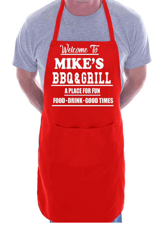 Personalised Apron Welcome To Mike's BBQ & Grill Birthday Your Own Name Place