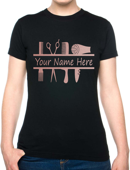 Personalised Ladies T-Shirt Hairdresser Your Name Work Tee For Hair Stylist