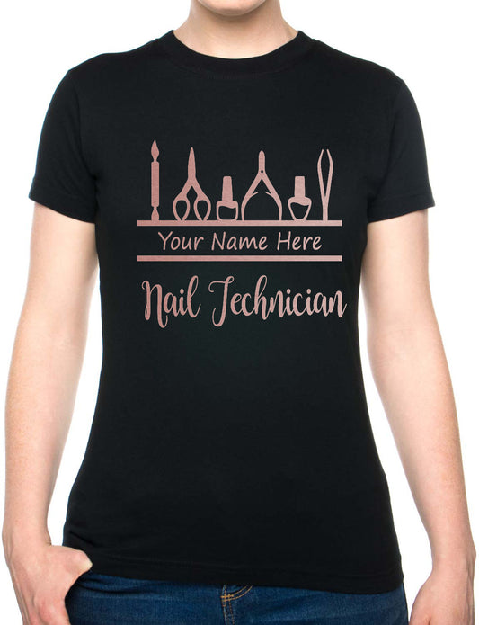 Personalised Ladies T-Shirt Nail Technician Your Name Work Tee For Nail Beauty