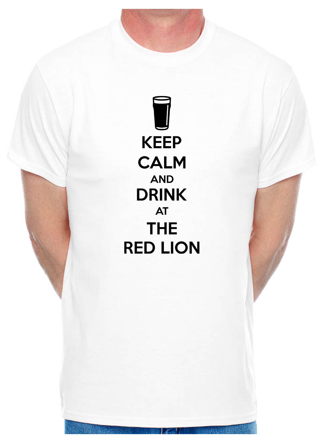 Customised Mens T-Shirt Keep Calm Drink At Red Lion Any Pub Name