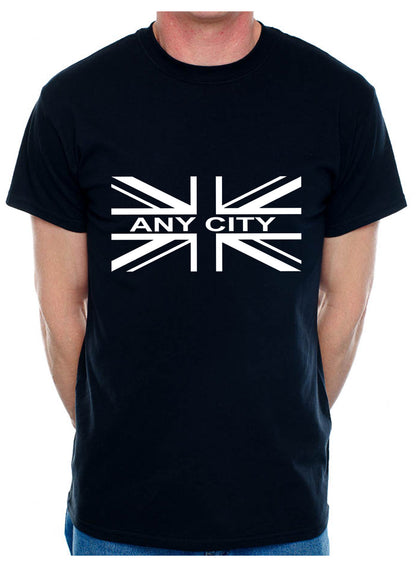 Personalised Mens T-Shirt Union Jack Any City Name Your Choice Of Name