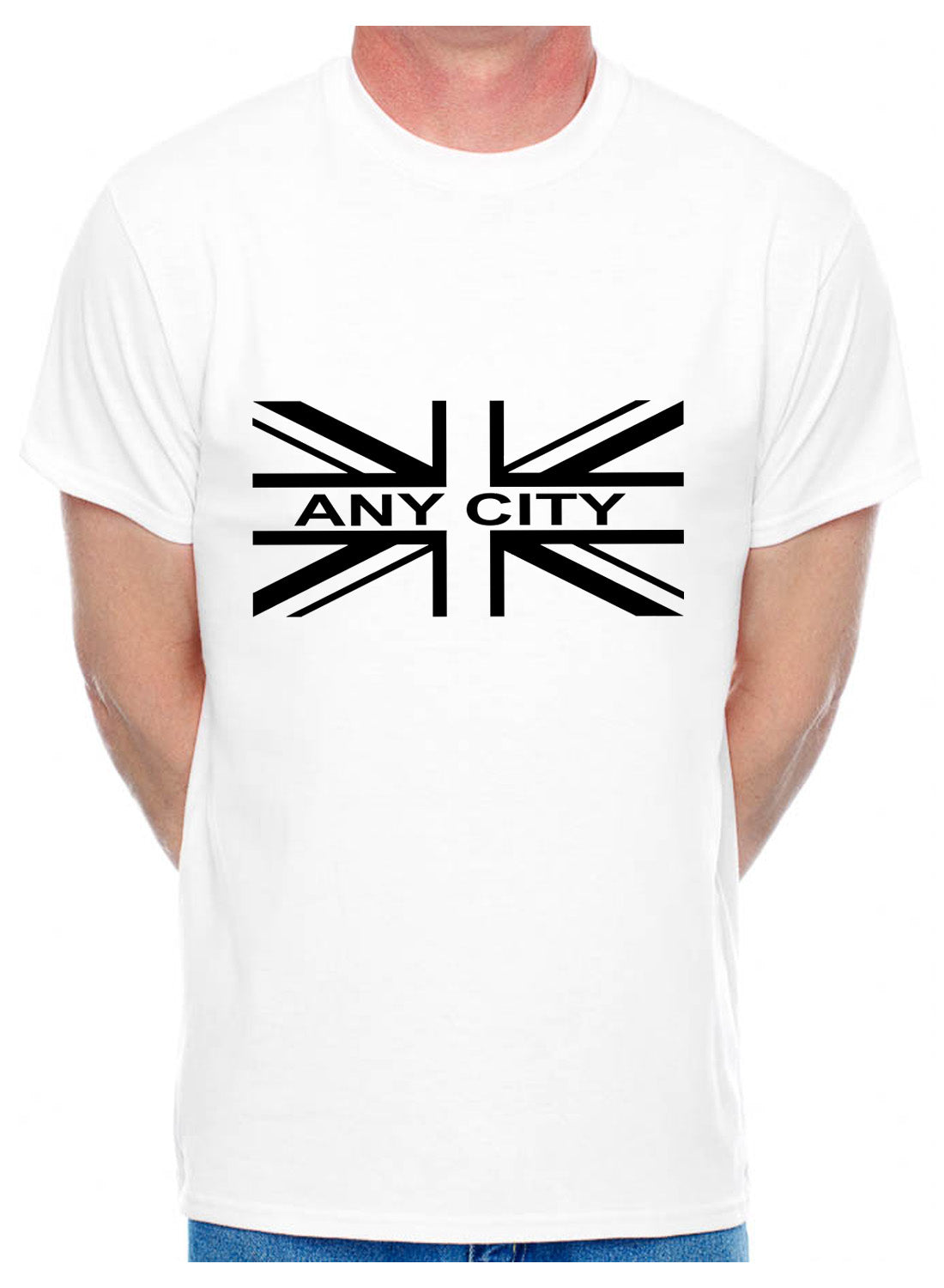 Personalised Mens T-Shirt Union Jack Any City Name Your Choice Of Name