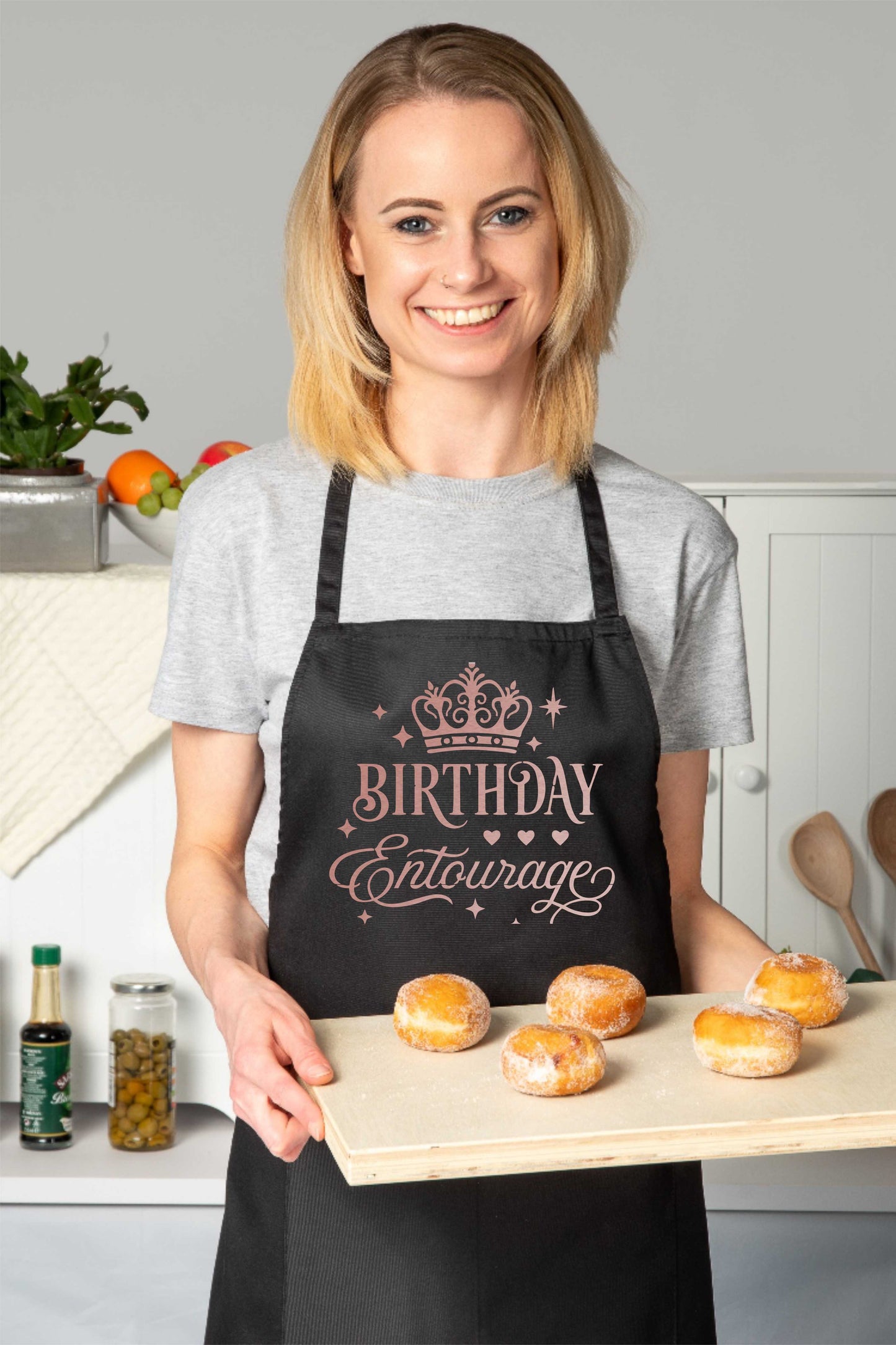 Birthday Entourage Ladies Apron Birthday Gift Funny Baking Apron In Rose Gold Design