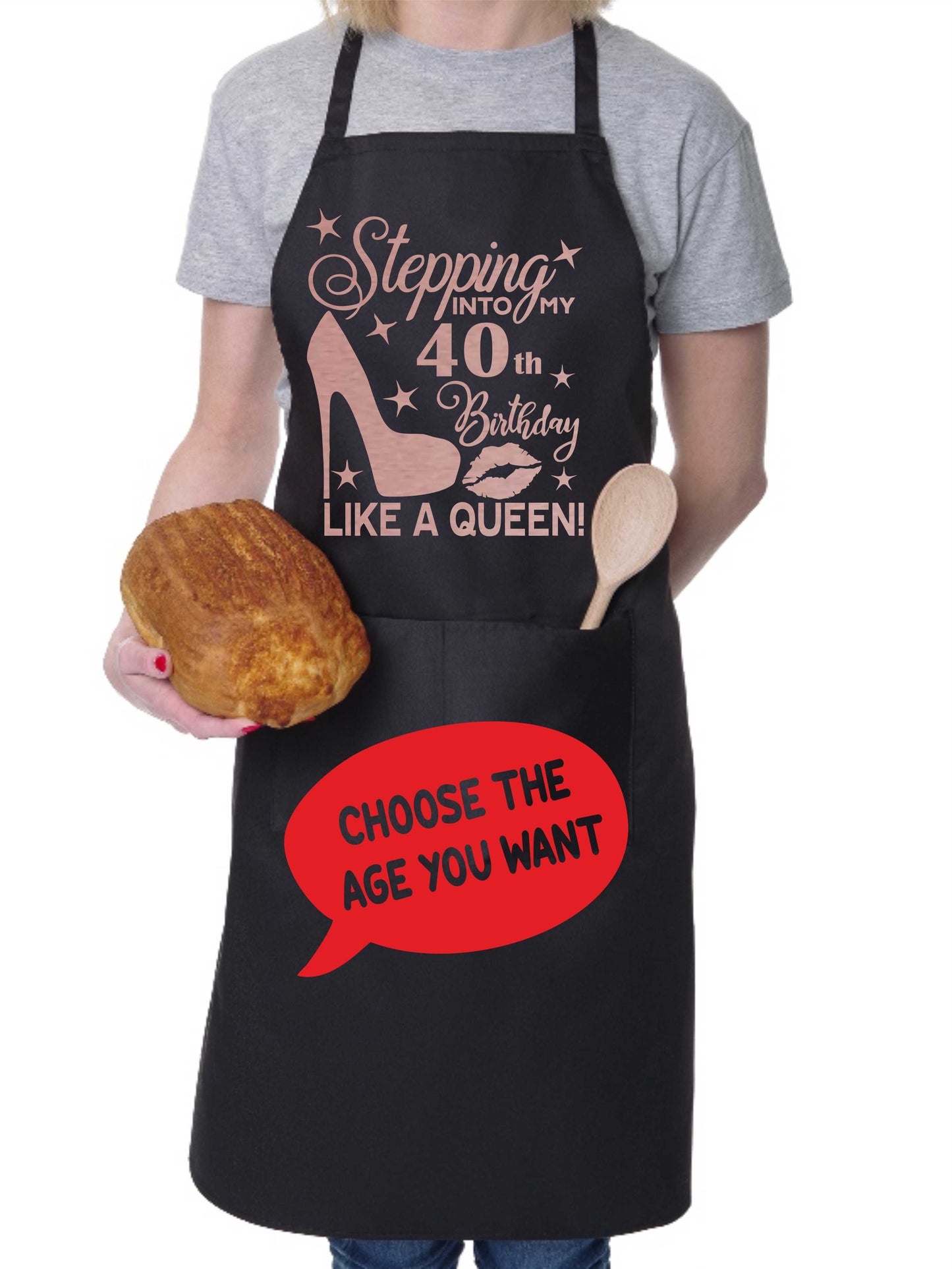 Personalised Ladies Apron Stepping Into My Birthday Like A Queen Add Any Age Funny BBQ Baking