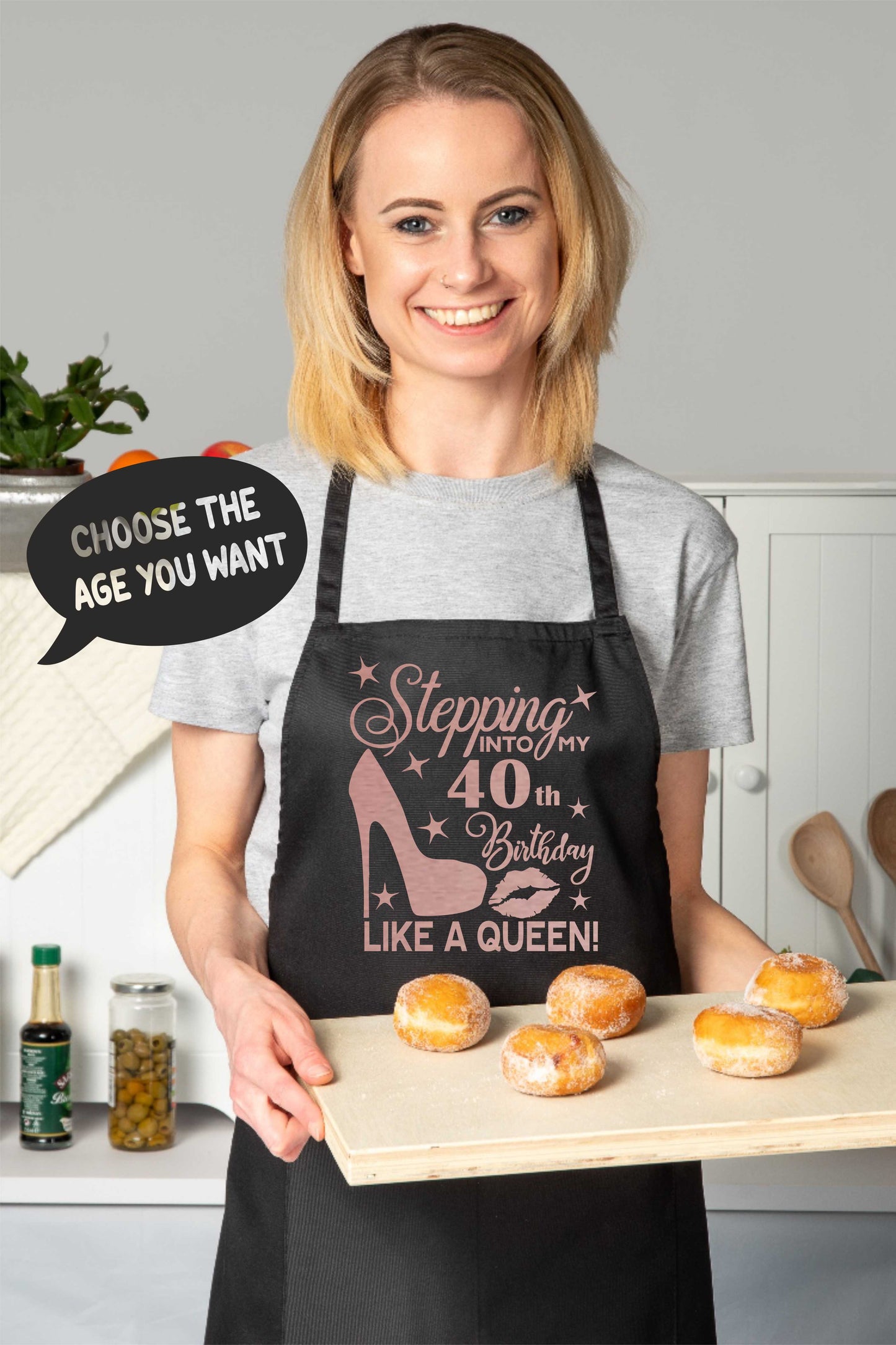 Personalised Ladies Apron Stepping Into My Birthday Like A Queen Add Any Age Funny BBQ Baking