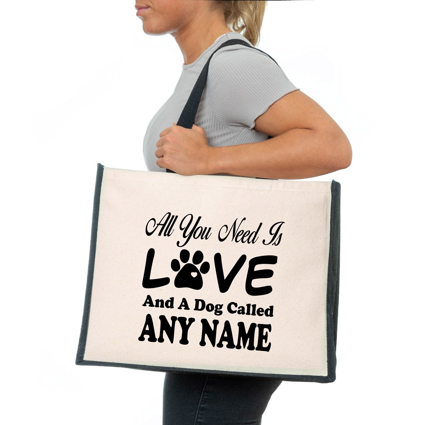 Personalised Love & Dog Tote Bag Any Name Dog lovers Ladies Canvas Shopper